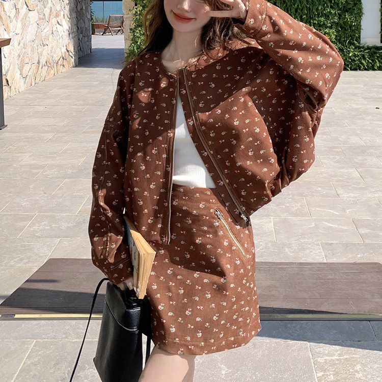 Floral Jacket Coat Two-Piece Set For Women 2025 Spring And Autumn New Korean Style Cardigan Slimming Top Half Skirt_voghion.com