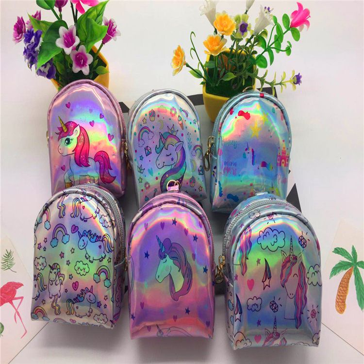 Mochila pequena portátil iridescente com lantejoulas unicórnio e mini porta-moedas com laser e fone de ouvido_voghion.com