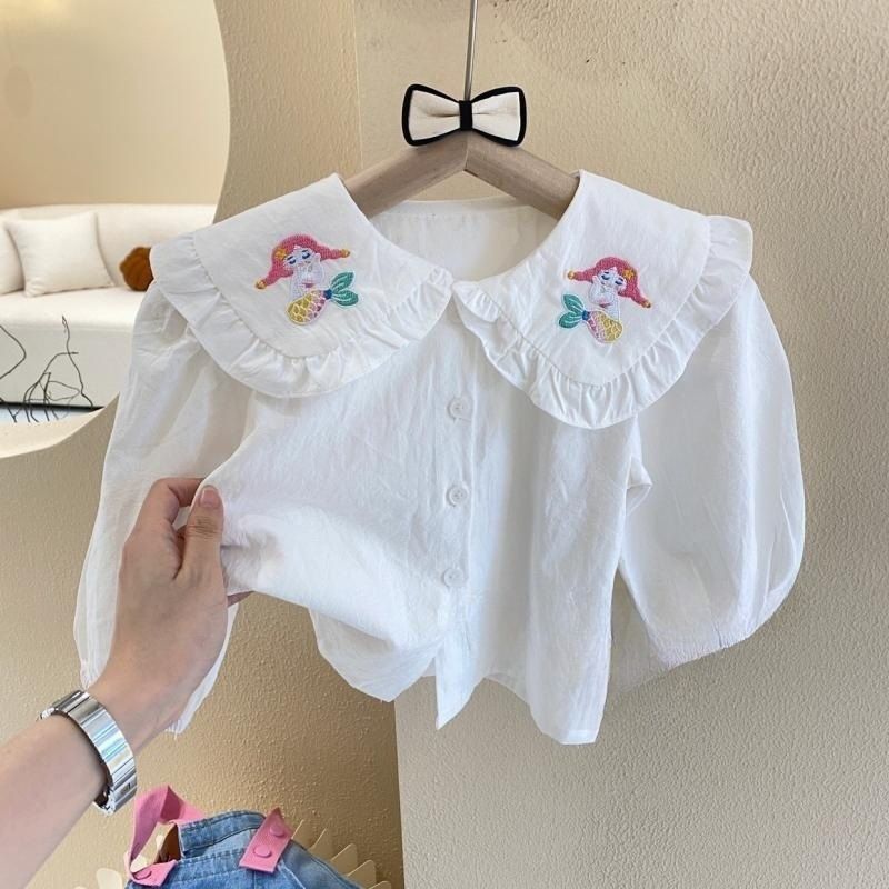 Abbigliamento per bambini Camicia ricamata con sirena e gonna in denim, set da due pezzi_voghion.com