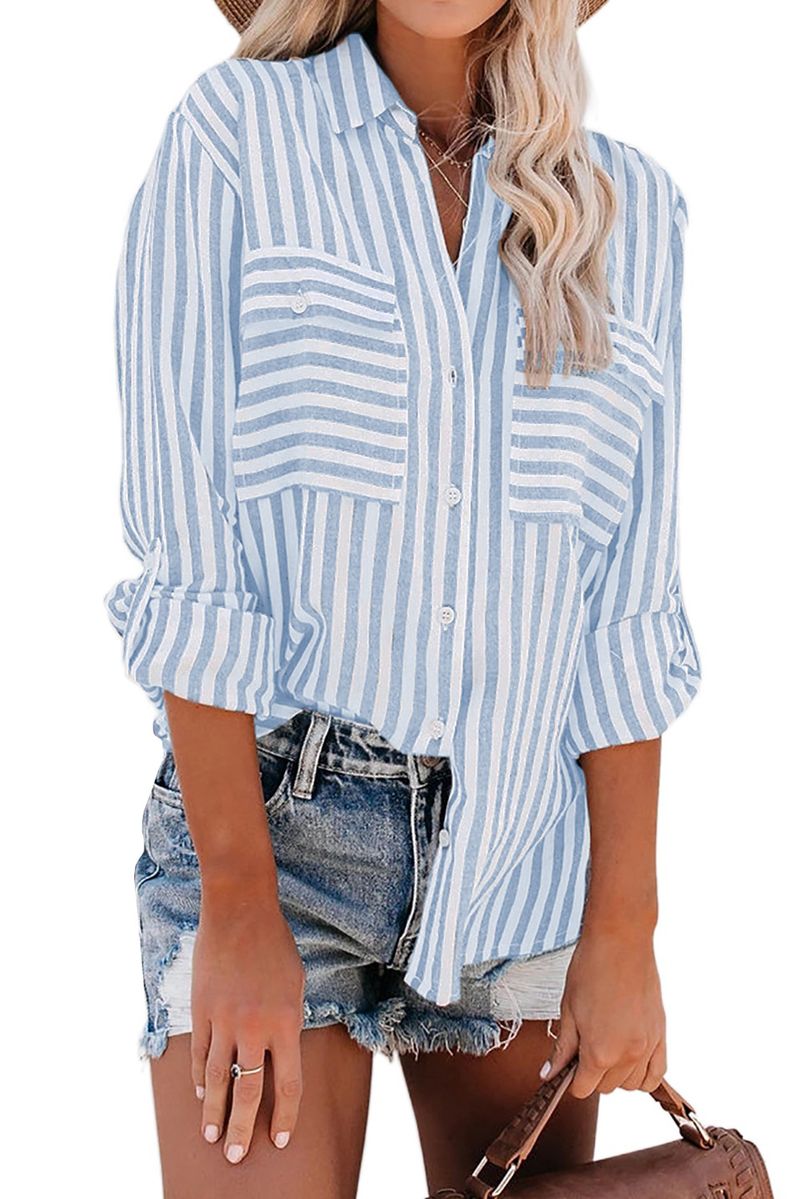 Verve Abbigliamento Donna Primavera Estate 2025 Nuova Camicia a Maniche Lunghe Monopetto a Righe in Cotone e Poliestere per Donna_voghion.com