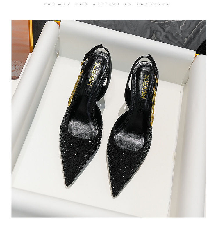 p7Summer New Baotou Sandals Women's Rhinestone Pointed Toe Shoes Temperament Lady High Heels Black Half Slippers_voghion.com