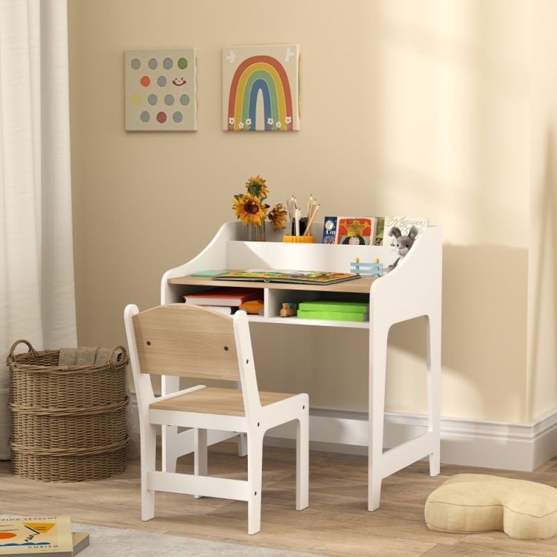 Kinder-Schreibtisch-Set Mit Stauraum, Offene Fächer, Stuhl, 3-8 Jahre, Holz_voghion.com