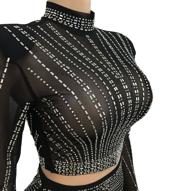 Kadın Giyim Mesh Mesh See Through Uzun Kollu Uzun Etek İki Parça Set_voghion.com