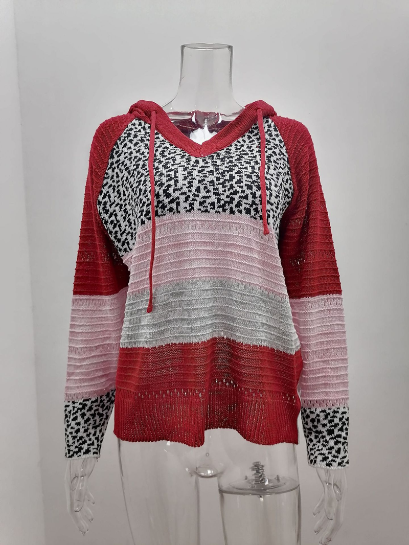 Roupas femininas New Wish Outono e Inverno Listrado Com Capuz Suéter Estampa Leopardo_voghion.com