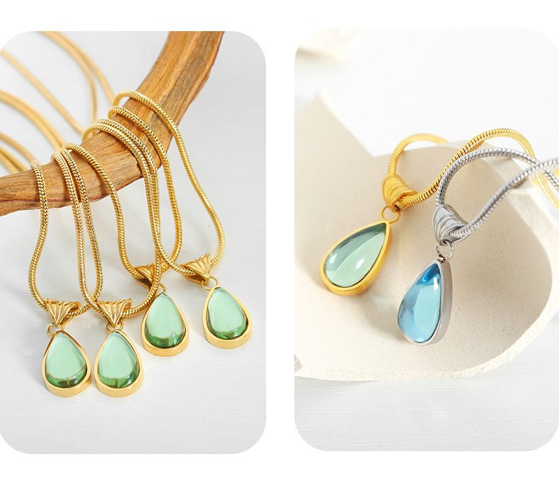 A Niche Water Droplet Shaped Green Blue Glass Stone Pendant Necklace, Collarbone Chain, Titanium Steel_voghion.com