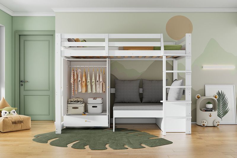 Lit mezzanine enfant avec échelle, armoire de rangement, canapé avec rangement, 3 oreillers et coussins, étagères, bois massif, blanc, 90 x 200 cm, matelas non inclus_voghion.com