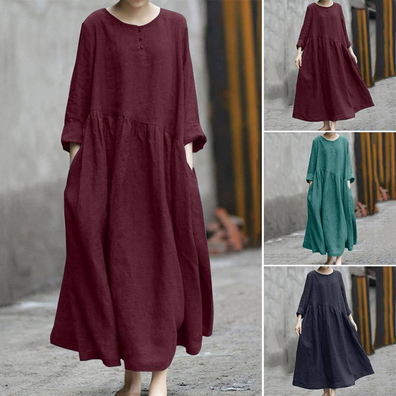 2023 Nuovo cotone solido irregolare spliced girocollo tasca manica lunga abito grande abito lungo swing_voghion.com