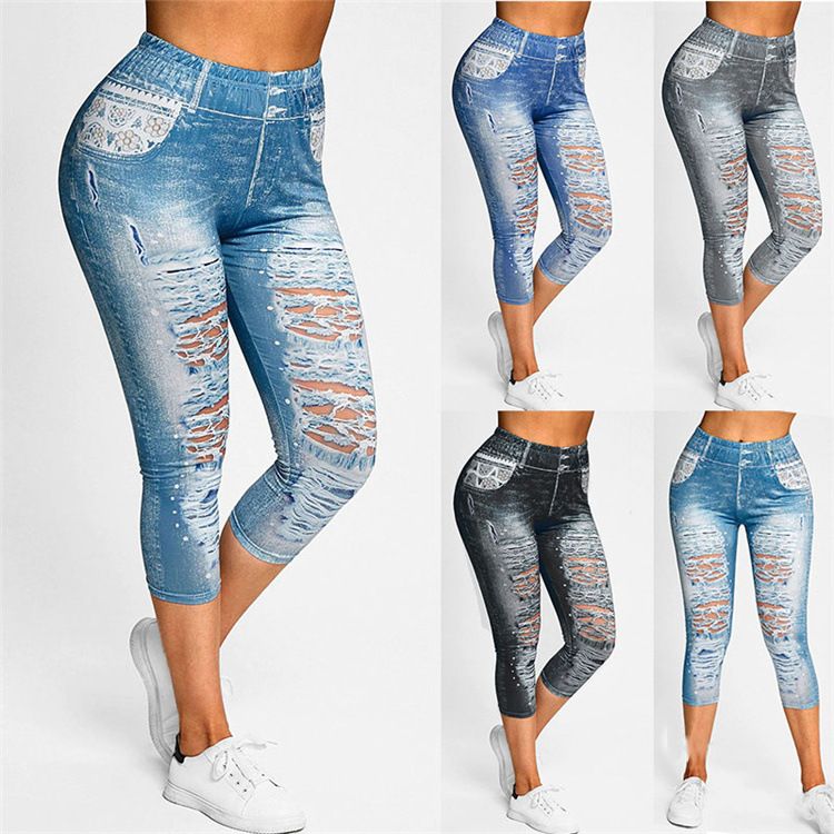New Imitation Denim High Waist High Elastic Fitness Training Running Yoga Pants_voghion.com