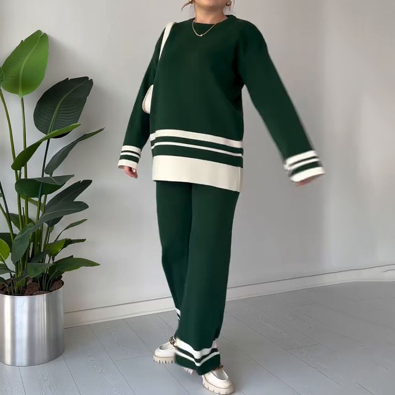 Women's Clothing new fashion leisure lazy style knitted contrast color comfortable suit_voghion.com