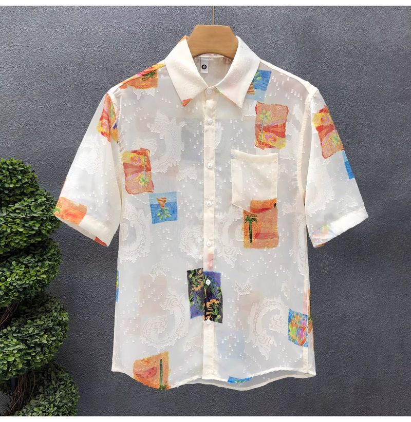 Camicia a maniche corte, sottile ed estiva, con maniche a cinque punte, floreale, da uomo, di alta qualità, in jacquard, traspirante, in seta ghiacciata, elegante._voghion.com