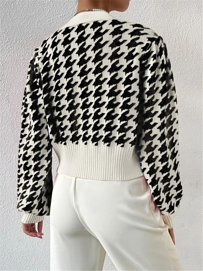 Dameskleding herfst en winter patroon lantaarn mouw gebreide cardigan trui korte jas_voghion.com