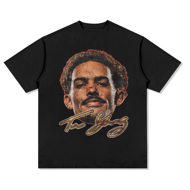 American Style Trae Young Big Head Print Short Sleeve T-Shirt Round Neck Versatile Loose Trendy_voghion.com