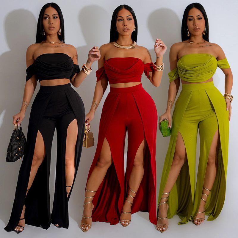 Γυναικεία ρούχα casual κοστούμι Tube Top Split Φαρδύ παντελόνι_voghion.com