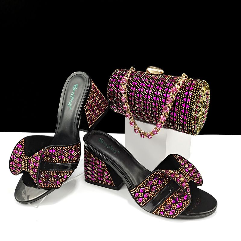 Set di scarpe e borse da donna Pantofole estive con tacco alto Decorazioni in strass color block Borsa cilindrica_voghion.com