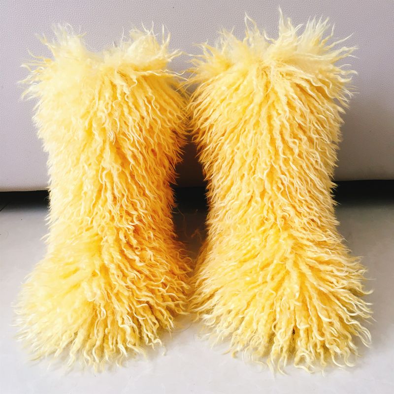 Grenziwwerschreidend europäesch an amerikanesch flaach Absatz héich Pelzstiwwelen waarm Wanter déif Mond Ronn Kapp Fuchs beige Schofspelz Schnéistiwwelen_voghion.com