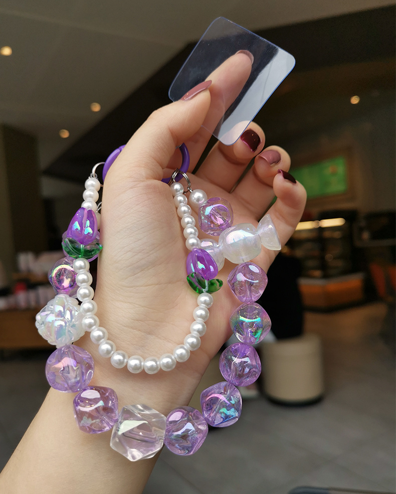 Mobile Phone Strap Wrist Chain Colorful Round Beads Handmade Pearl Beaded Pendant Short Phone Case Universal Anti Loss_voghion.com