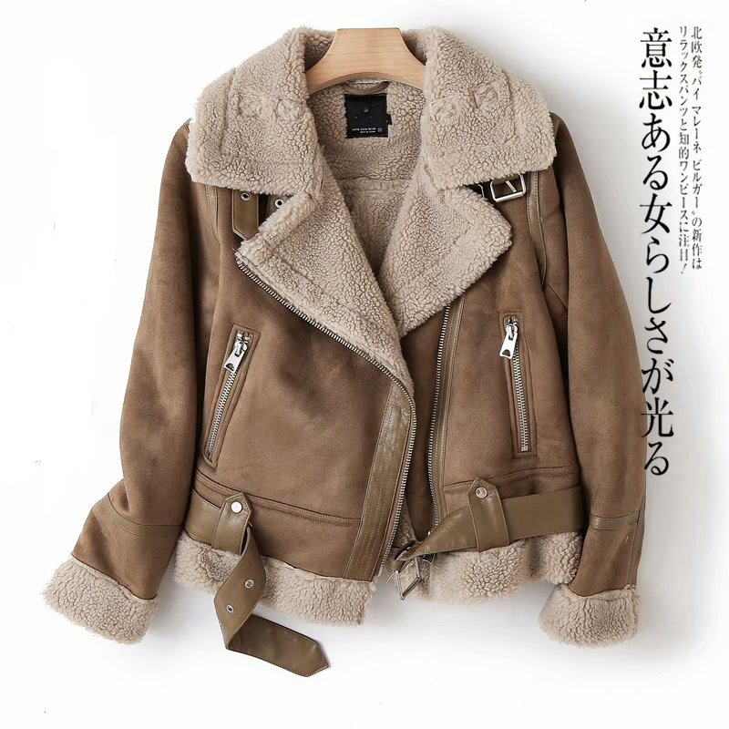 Parka invernale spesso Giacca in lana scamosciata calda con pelliccia di agnello Giacca da donna in pelle shearling Capispalla corto da motociclista_voghion.com
