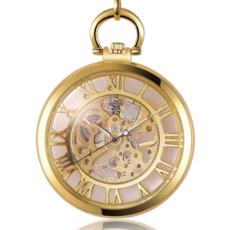 Mehrfarbige, komplett silberne Taschenuhr mit römischem Zifferblatt, gerade, transparent, manuell, mechanisch, große Uhr_voghion.com