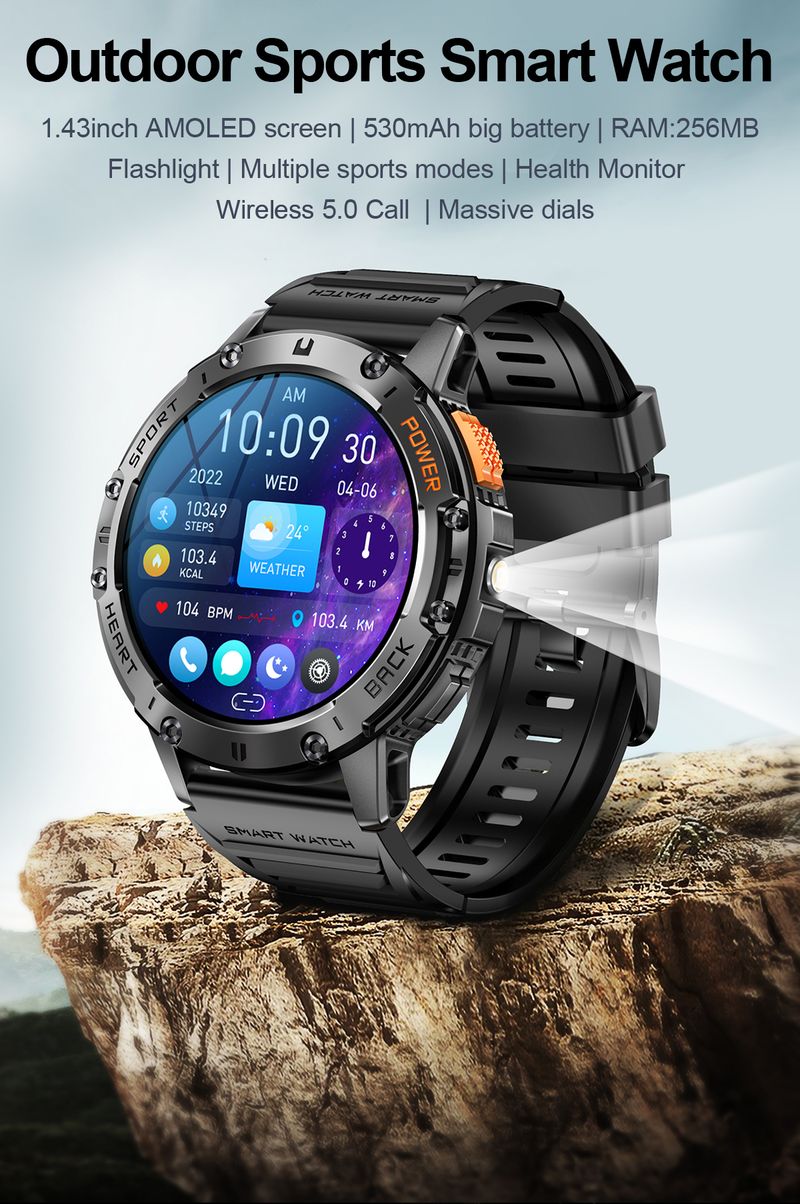 2025 New Smart Watch Men Outdoor 530mAh Large Battery Bluetooth Call Sport Fiess Bracelet AMOLED Screen Flashlight_voghion.com