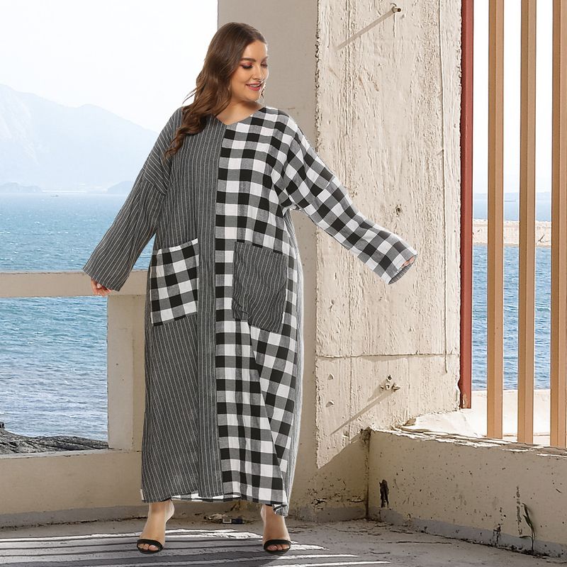 2023 frühling und Herbst Muslimischen V-ausschnitt karierten patchwork lange doppel tasche beiläufige lose ärmeln kleid JR332_voghion.com