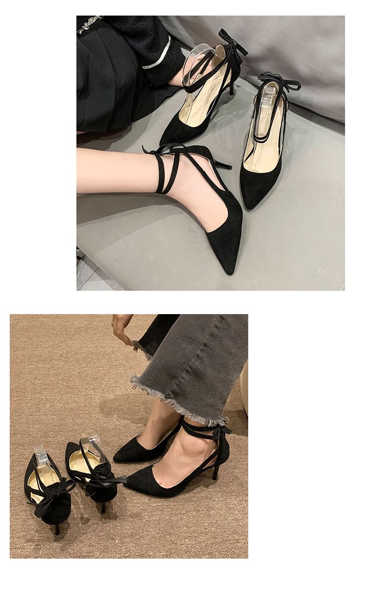 Talons aiguilles pour femmes, style sexy, sangles, style français, pur désir, noir, bout pointu, polyvalent, Cos, mode universelle, polyvalent_voghion.com
