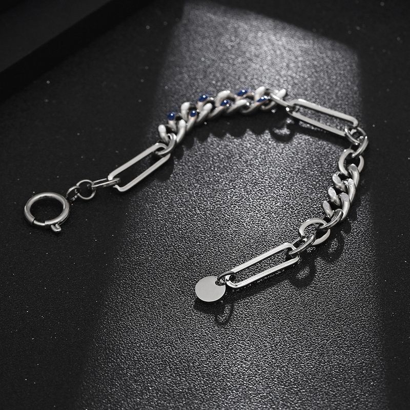 Bracciale patchwork cubano blu alla moda, unisex, hip-hop, versatile, con catena in acciaio al titanio_voghion.com