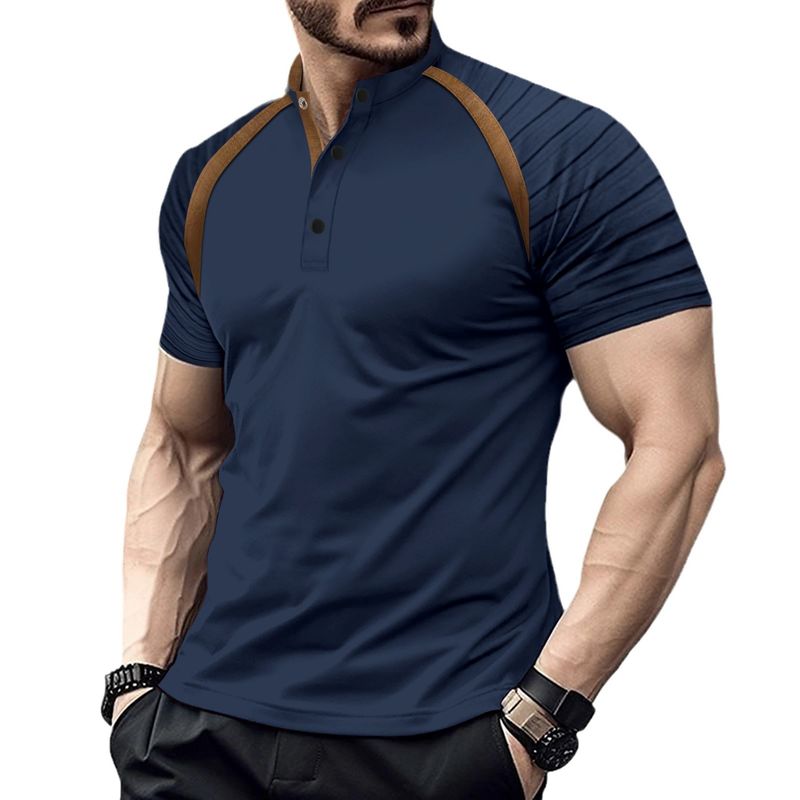 Unbeatable Quality Summer Solid Color Short Sleeved Patchwork Casual Men's Arm Pleated Stand Up Collar Polo Shirt_voghion.com