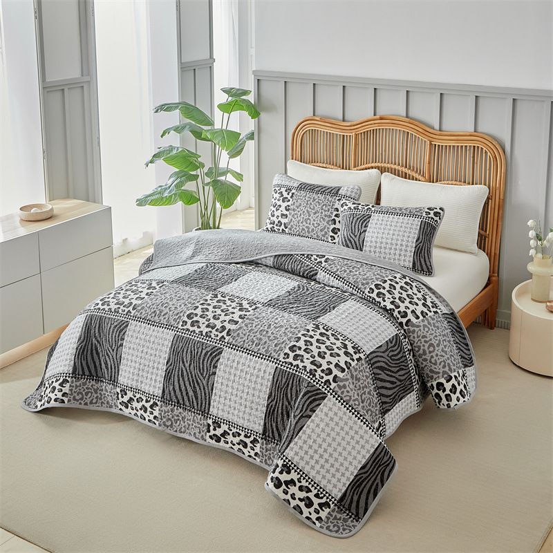Copriletto a righe e stampa leopardata - Copripiumino grigio chiaro 3 pezzi (certificato OEKO-TEX®, motivo geometrico astratto) per camere da letto moderne e bohémien._voghion.com