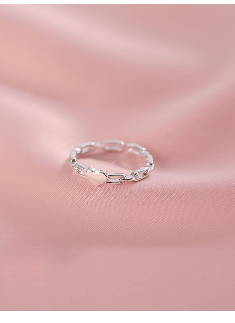 Anello per dito indice con catena cava, regolabile, anti-sbiadimento, con cuore in argento, per celebrità di Internet_voghion.com