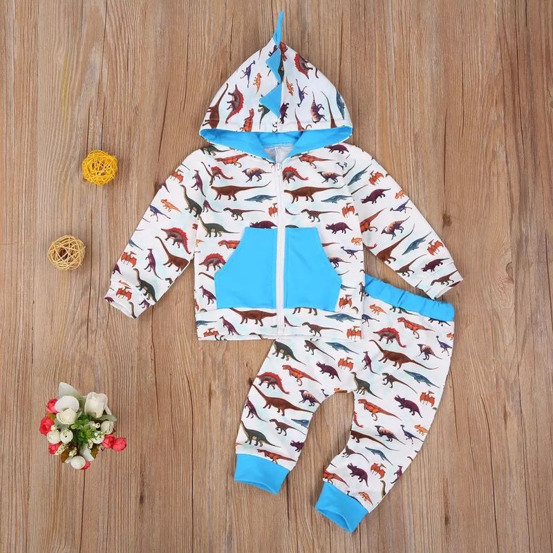 Kinderkleidung Zweiteiliges Set mit langärmligen Strickjacken und Hosen mit Dinosaurier-Print_voghion.com
