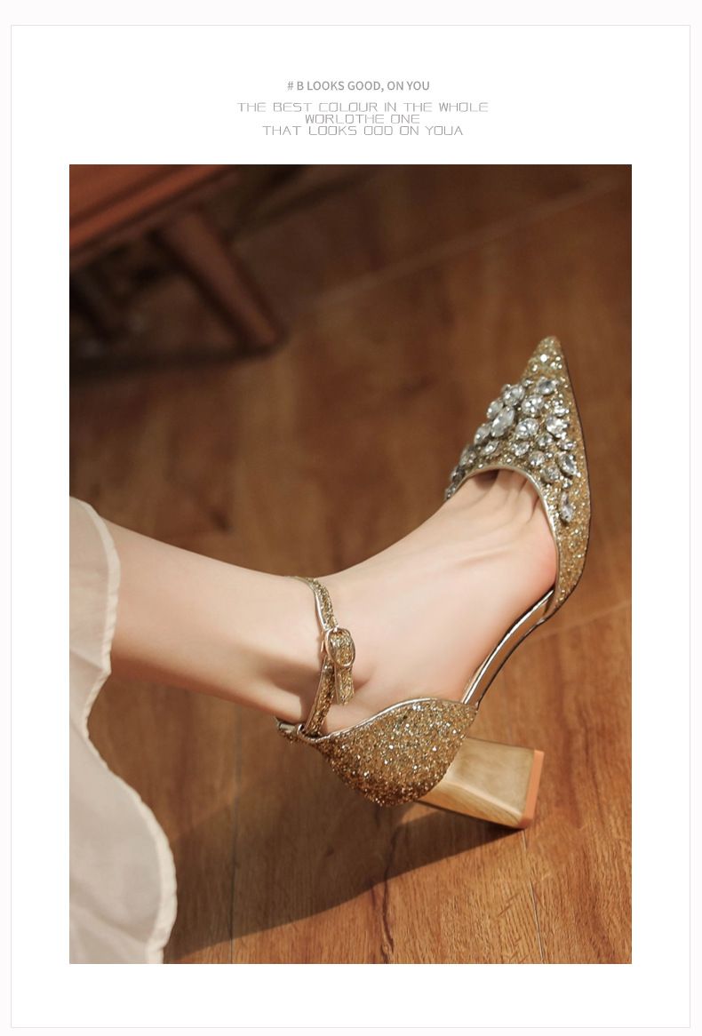 6666-3 Scarpe con tacco grosso, paillettes, strass, fibbia, cinturino singolo, abito da banchetto da sposa, tacchi alti, eleganti glitter_voghion.com