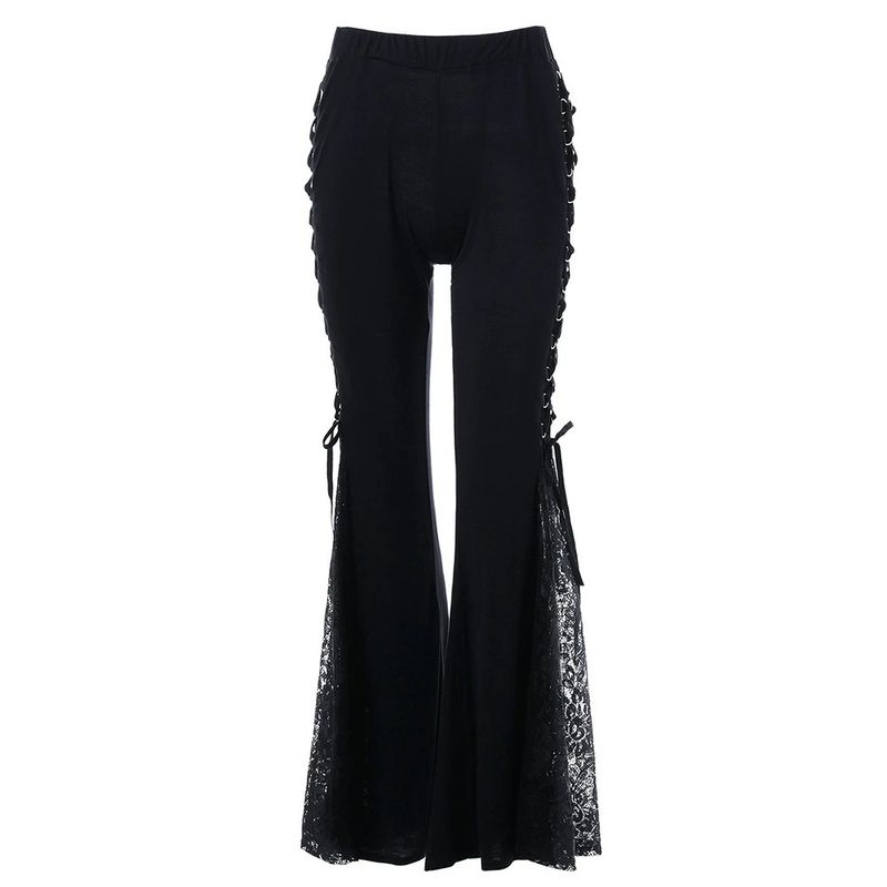 Gothic Punk High Waist Flared Pants For Women - Stretch Lace-Up Bell Bottom Trousers With Wide Leg, Retro Dark Aesthetic Casual Wear_voghion.com