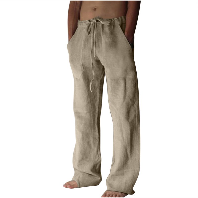 2024 Summer Men's Casual Wide-leg Pants Solid Color Lace-up Cotton And Linen Comfortable Trousers_voghion.com