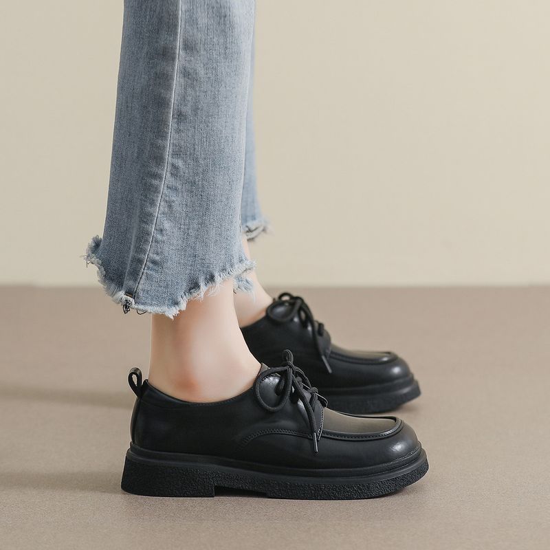 Schwarze, kleine Lederschuhe zum Schnüren, Plateau-Loafer im College-Stil für Damen, Retro-Einzelschuhe mit weicher Sohle_voghion.com