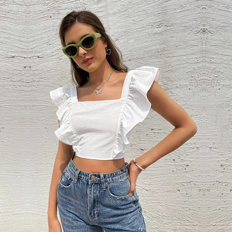 2023 Women's New Open Back Strap with Lotus Leaf Sleeves Fresh and Sweet Square Neck T-shirt Tank Top Sleeveless Top_voghion.com