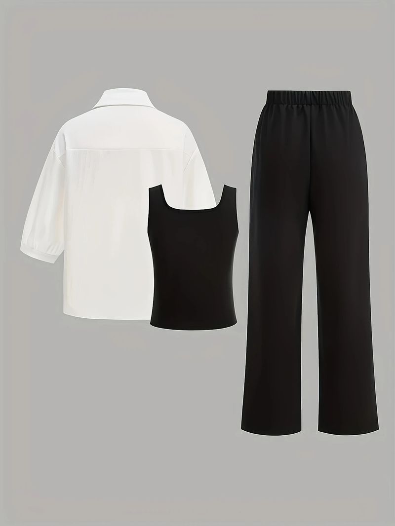 Conjunto de roupas femininas Dopamine Summer Outfit - Camisa slim, regata e calça, combinação de 3 peças | Fluido e jovial | Branco + Preto / Branco + Marrom | P-XGG_voghion.com