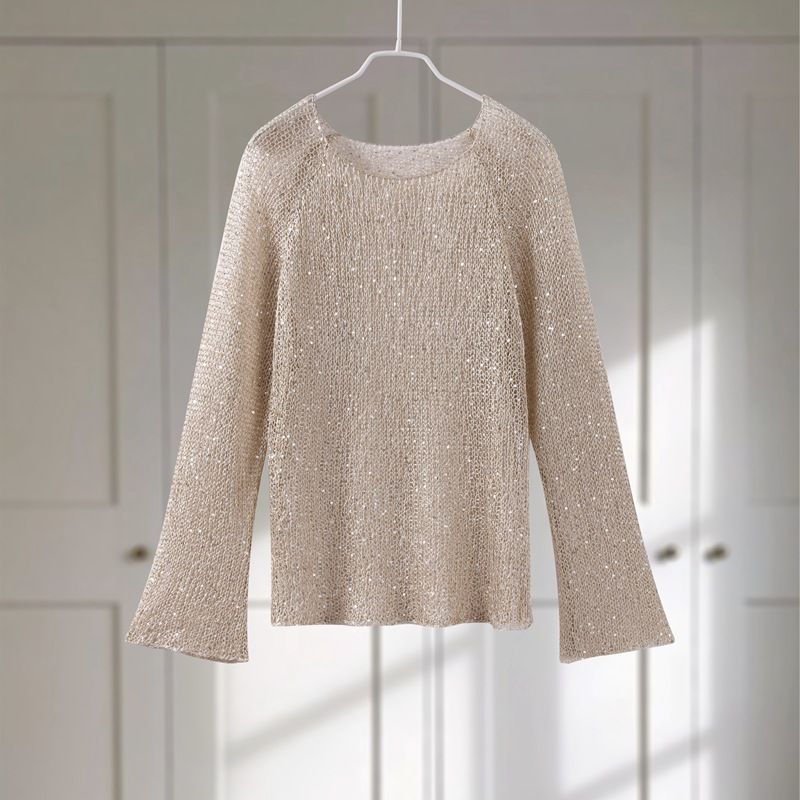 Maglione a maniche lunghe in maglia con paillettes color champagne per donna, elegante pullover casual con decorazioni glitterate, vestibilità elasticizzata e traspirante per l'ufficio_voghion.com