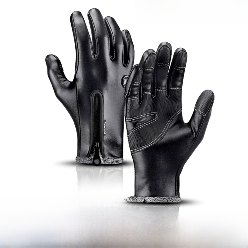 Varma vintercykelhandskar Utomhus PU-läder med dragkedja vindtät fleece vattentät pekskärm sportskidhandskar_voghion.com