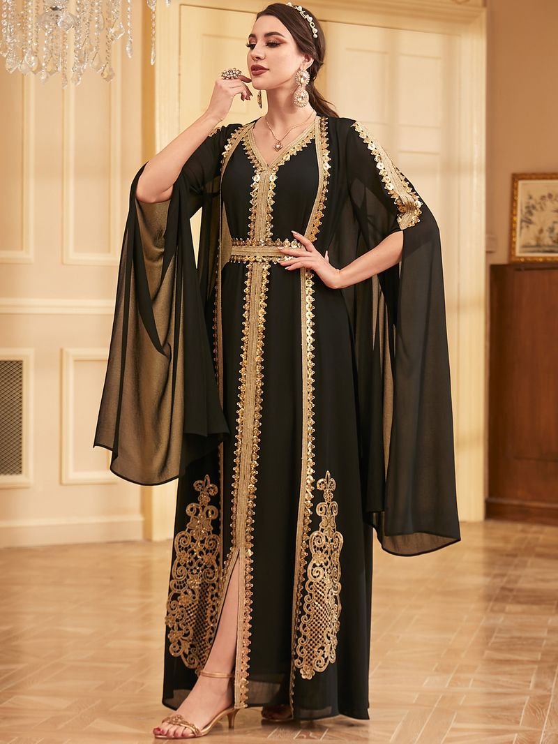 Damenbekleidung Abendkleid Robe Pailletten Ultra Langarm Zweiteiliges Kleid_voghion.com