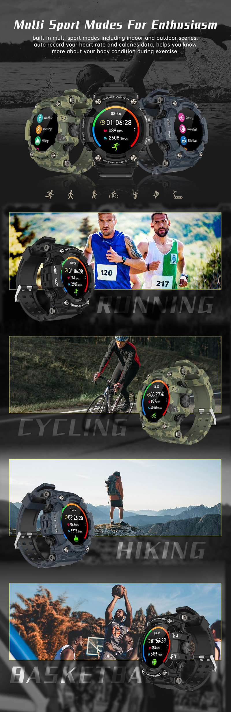 LIGE/Bonway Outdoor Sports Inteligentny zegarek Bieganie, wspinaczka górska, tętno, monitorowanie snu, modny zegarek w kamuflażu_voghion.com