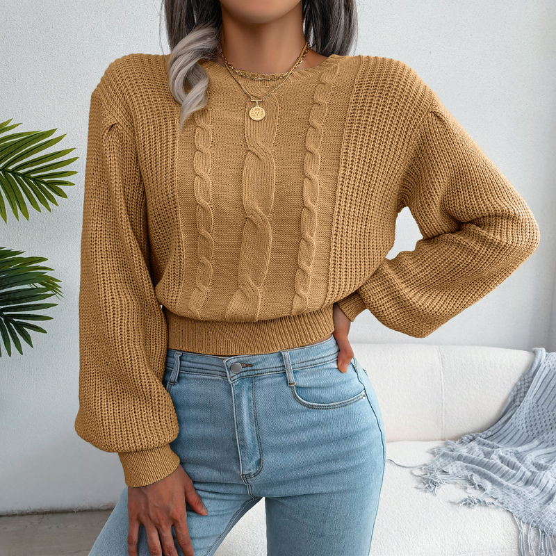 Maglione lavorato a maglia con maniche a lanterna intrecciate, stile casual, autunno inverno, da donna_voghion.com