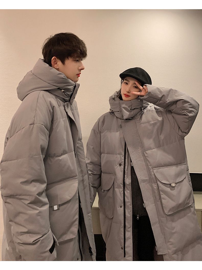 Unisex Couple's Hooded Down Jacket, 550 Fill Power White Duck Feather Coat, Oversized Streetwear Parka With Zip Front_voghion.com