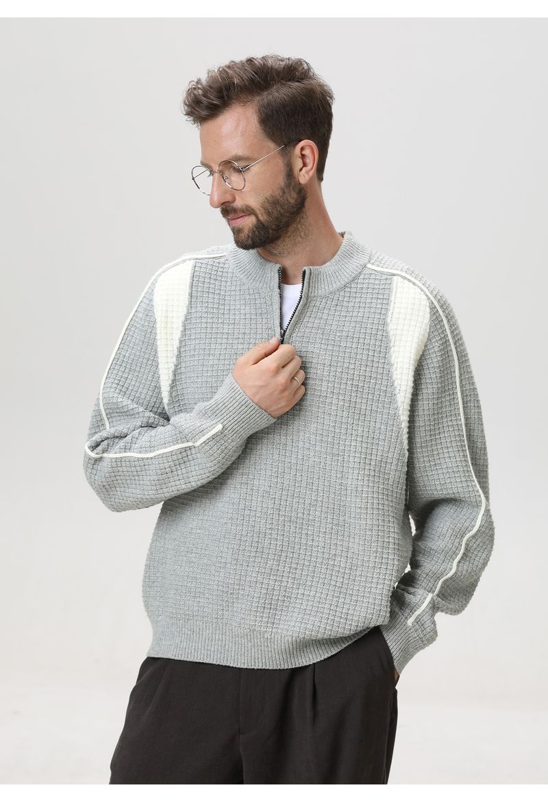 Maglione da uomo con mezza zip color-block – Pullover in maglia con trama a griglia e fodera in pile scamosciato sintetico (grigio kaki/grigio ghiaccio/blu navy)_voghion.com