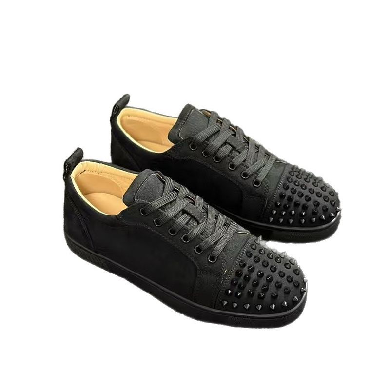 Lttll Electric Black Embroidered Low-Top Rivet Men's Flat Casual Crescent Shoes_voghion.com