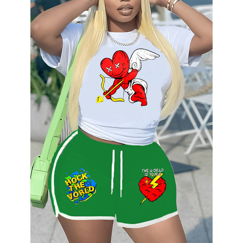 Bedruckter T-Shirt-Shorts-Trainingsanzug für Damen_voghion.com