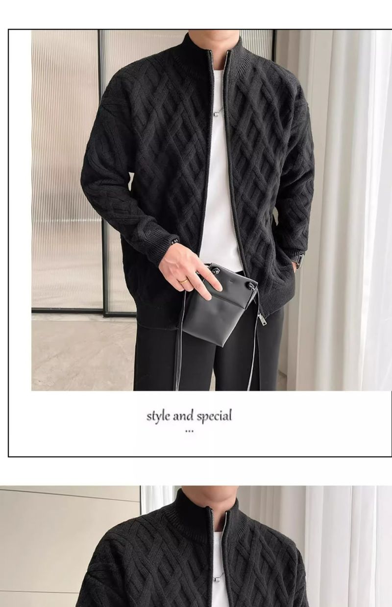 Autumn And Winter Stand-up Collar Zipper Knitted Cardigan Large Size Loose Solid Color Thickened Sweater Jacket Boys Trend_voghion.com