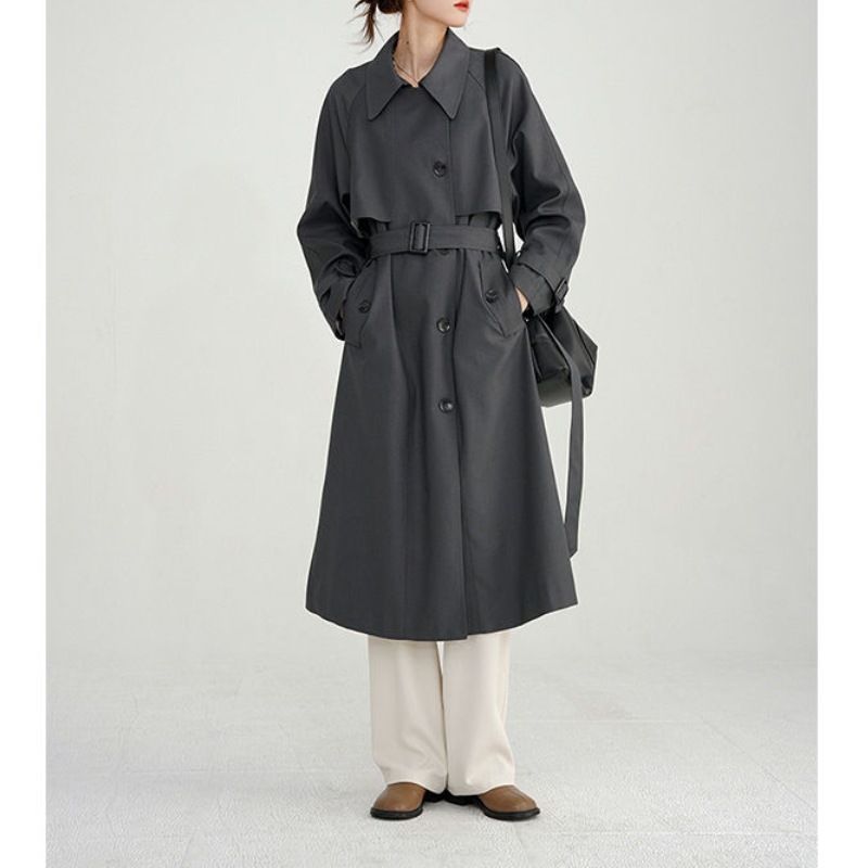 Grey trench coat for women, design, fashionable, Korean style, new British style, casual, loose long coat_voghion.com