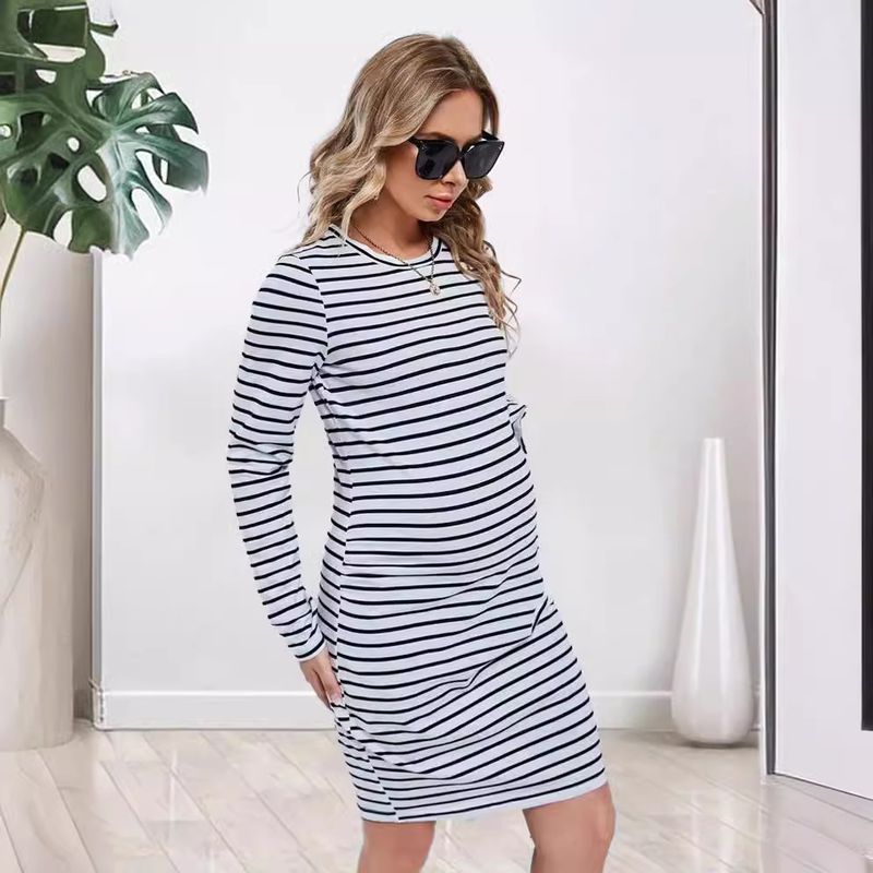 Gonna a righe per abbigliamento premaman girocollo a maniche lunghe casual e versatile per tutte le stagioni_voghion.com