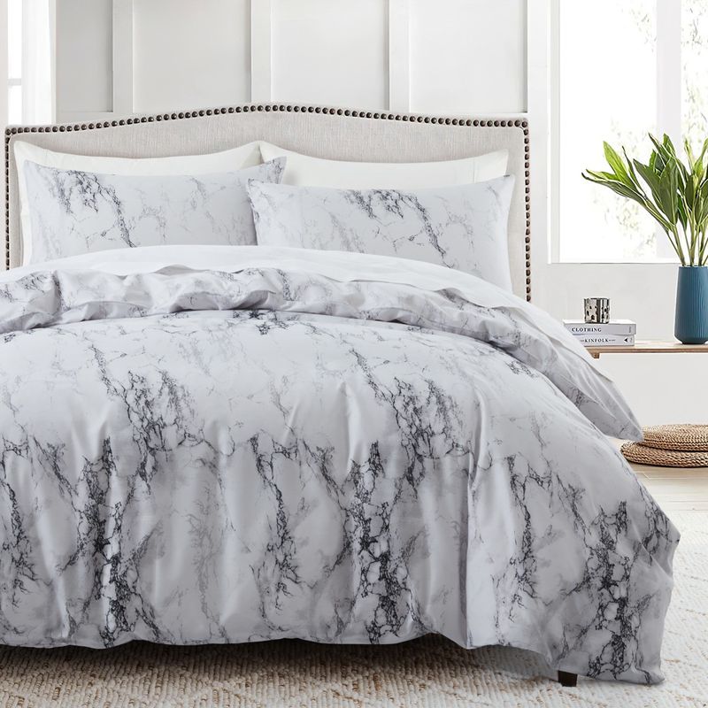 Witte marmeren dekbedovertrekset met drie delen in zacht polyester - gefreesde fluwelen textuur_voghion.com