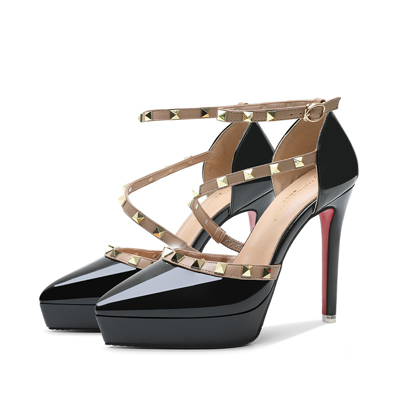 9626-1 High Heels für Damen, Stilettos, wasserdichte Plattform, Nieten-Einzelschuhe, Lackleder, sexy Damenschuhe, grenzüberschreitende Versorgung_voghion.com